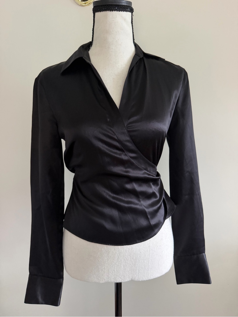 BCBG 100% Silk Black Satin Wrap Blouse